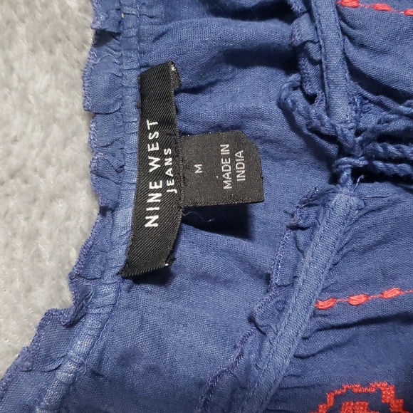 Nine West Jeans. Navy Blue Relaxed Tie Front Blouse w/ Red Embroidery EUC  SZ M - Picture 8 of 14